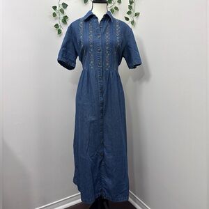 Vintage Denim Maxi Dress, Floral Embroidery, Blue Cotton, US XL size 14, Spring